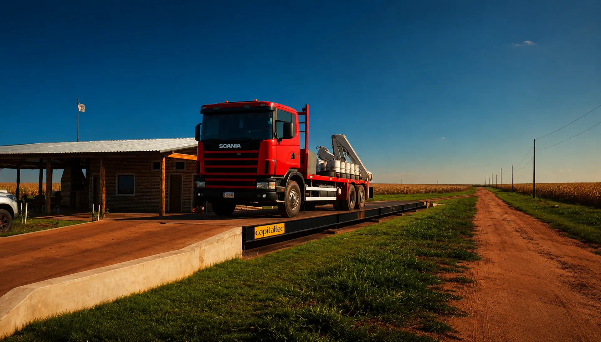 Camión Scania sobre una báscula de piso Capitaltec en una estancia del Paraguay al atardecer