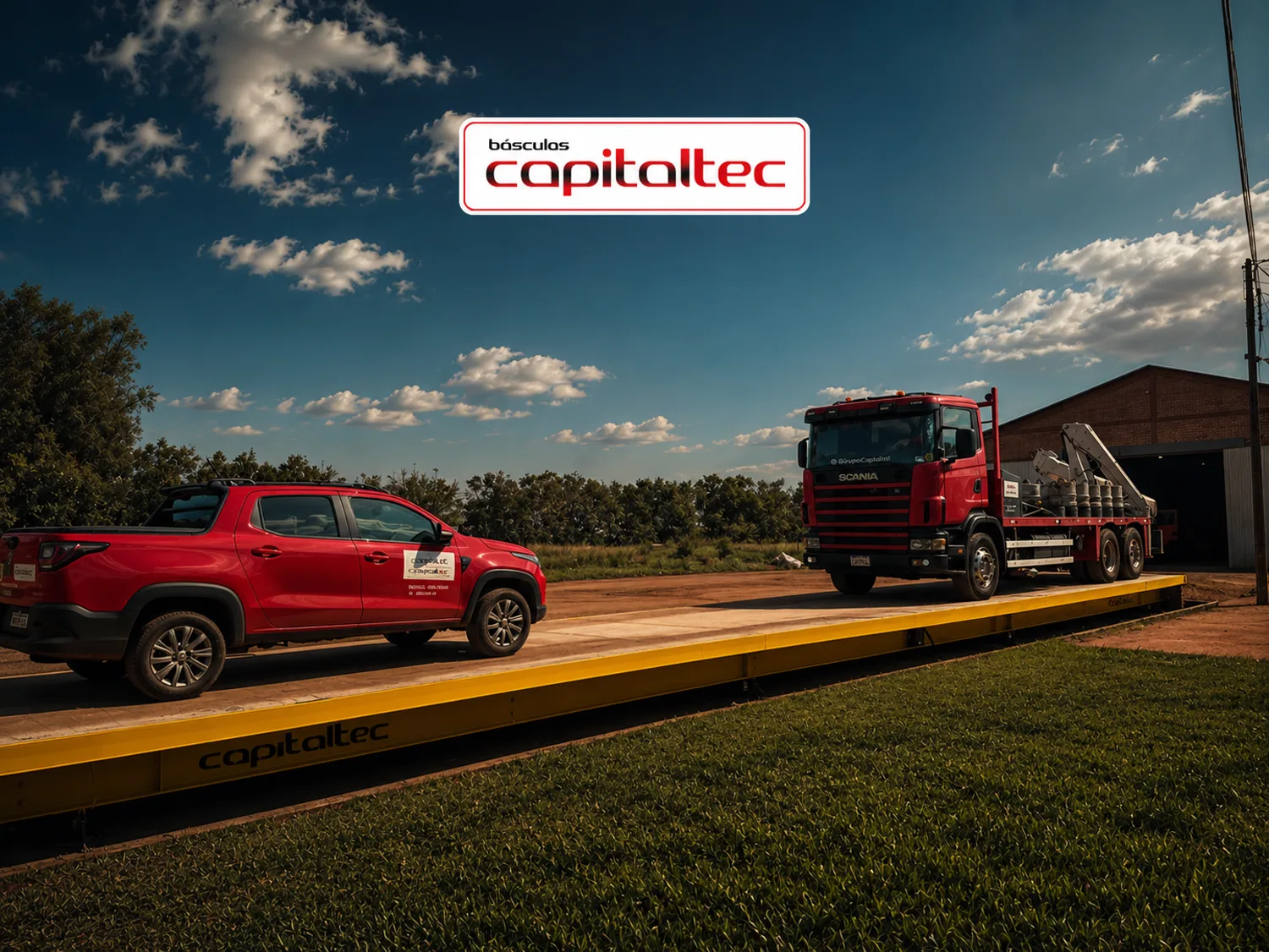 Camión y camioneta Capitaltec sobre una báscula de piso instalada en una estancia
